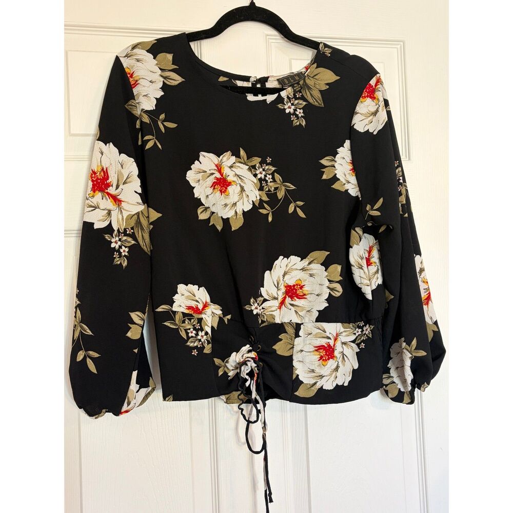 OLM Top Women's XL Sheer Black Floral Long Sleeve Cinched Waist Blouse